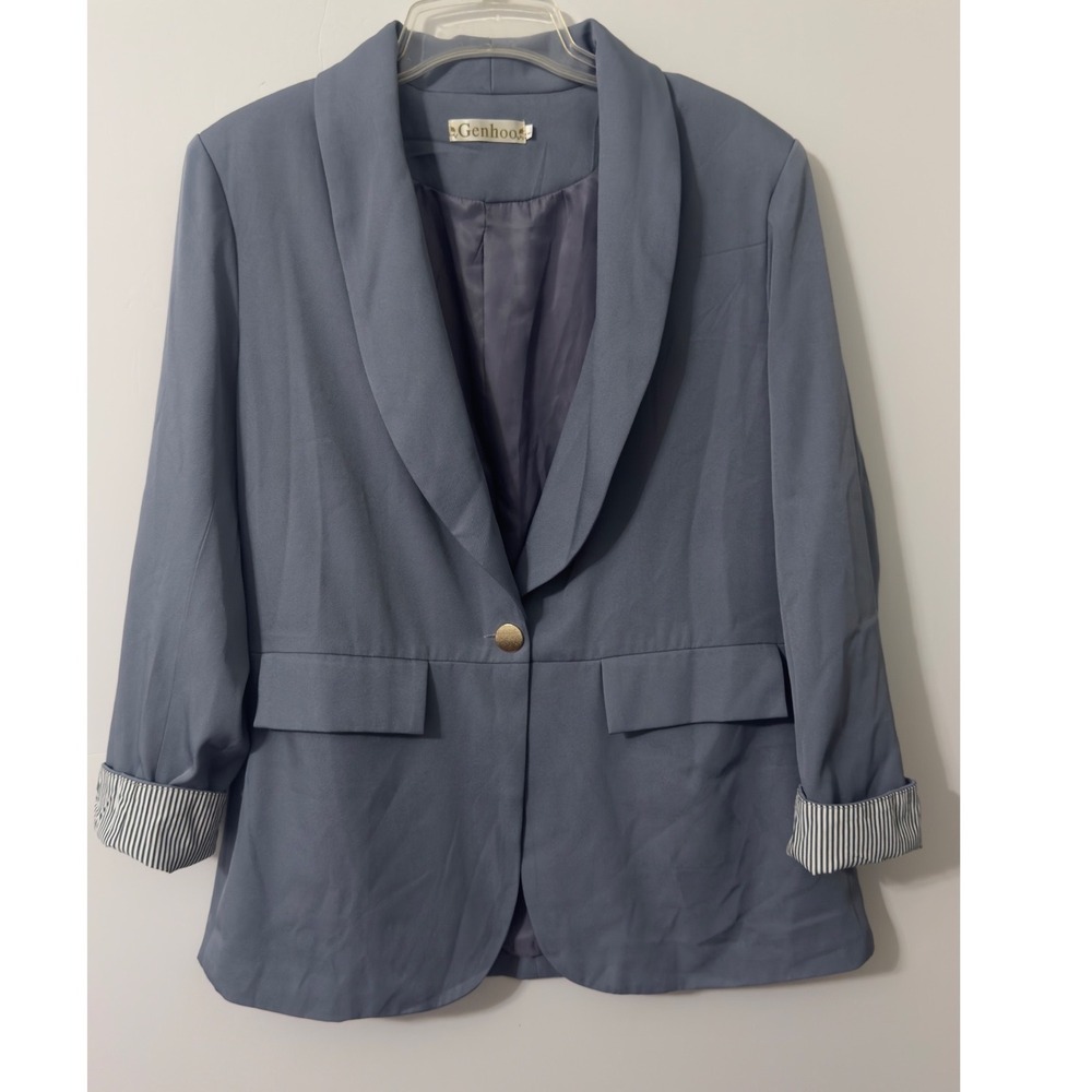 Genhoo Blazer Women Large Blue Shawl Lapel Striped Cuff Minimalist Layering